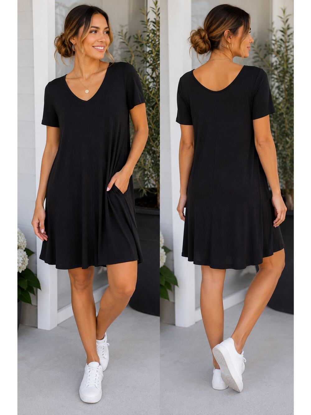 Lapasa Black Swing Dress Women's M Soft Stretch Short Sleeve V-Neck Minimalist